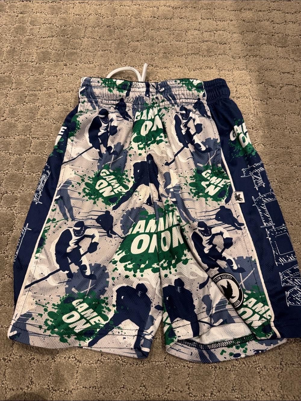 Society Kids Hockey Print Shorts in Navy, Green, White